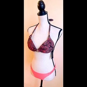 Bikini Swimsuit: Brown & Pink Padded Top & Salmon Pink Bikini Bottoms, Sz. M